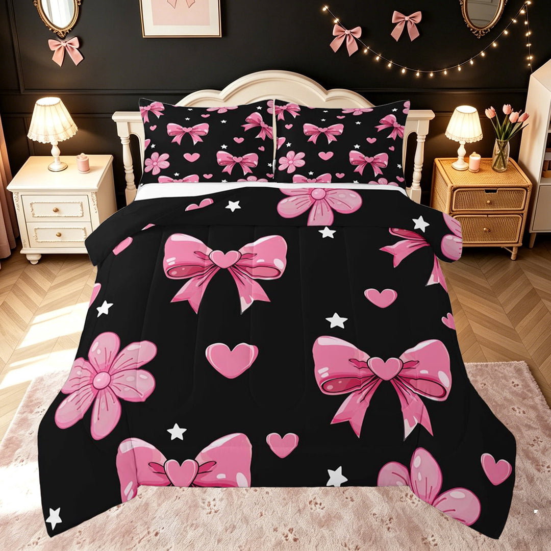 meiyoeat Black Pink Princess Bow Full Size Comforter Sets for Kids Girls, Cute Love Heart Stars Print Bedding Comforter Set, Black Reversible, 3-Piece