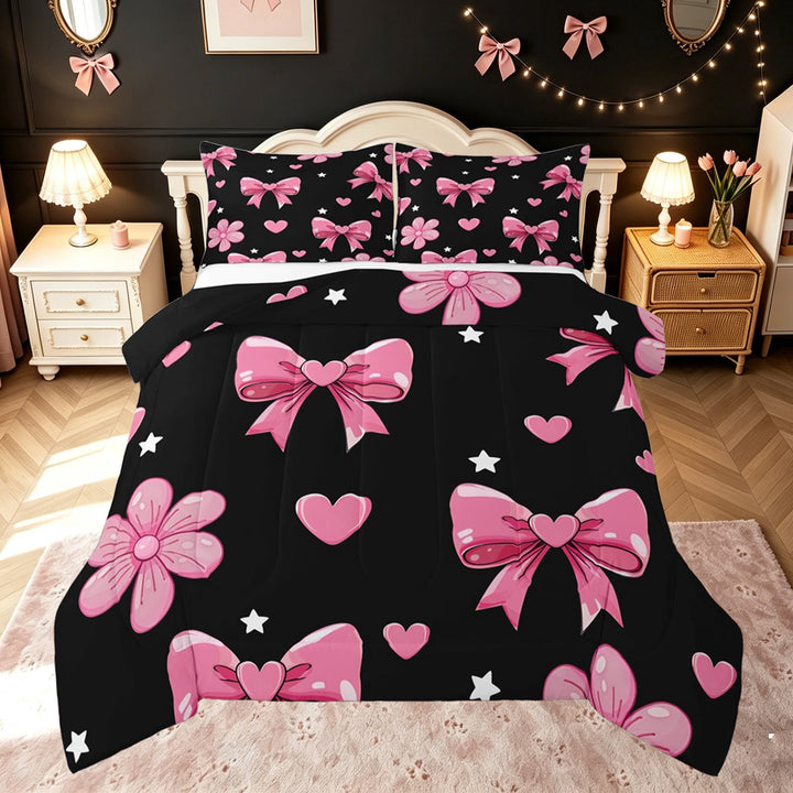 meiyoeat Black Pink Princess Bow Full Size Comforter Sets for Kids Girls, Cute Love Heart Stars Print Bedding Comforter Set, Black Reversible, 3-Piece