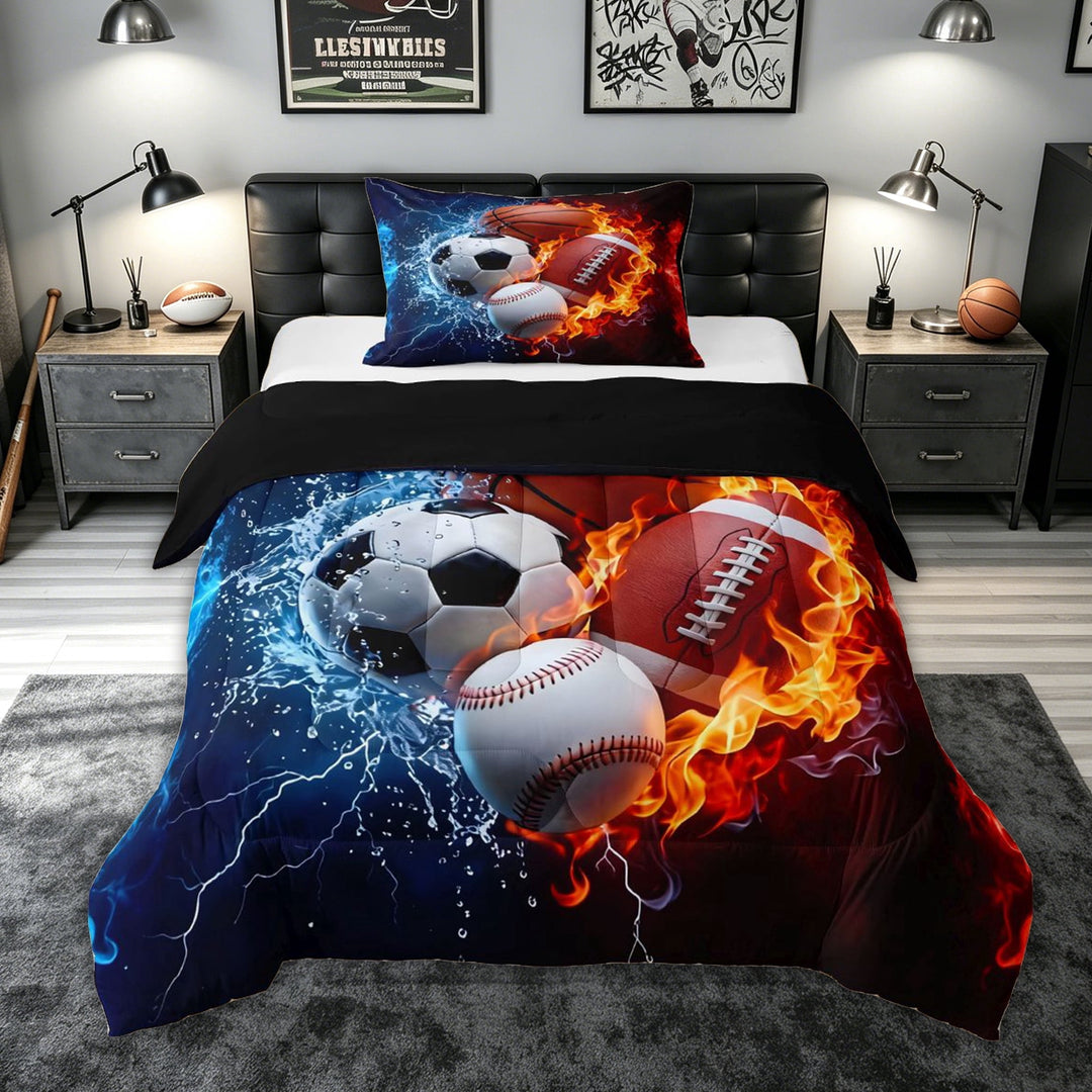 meiyoeat Fire Sports Balls Full Size Comforter Sets for Kids Kids Boys, Ice Lightning Bedding Comforter Set for Bedroom, Red Blue, Black Reversible, 3 Pieces
