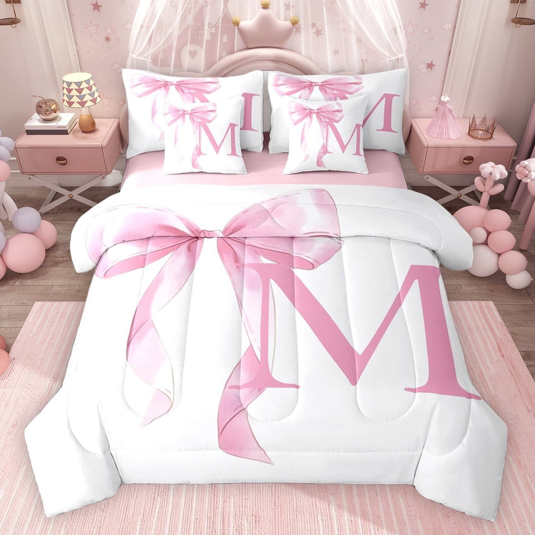 Erosebridal Girls Pink Bow Twin Bedding Sets, M Letter Bedding Comforter Set, Princess Style Bedroom Decor, Pink Reversible 7pcs