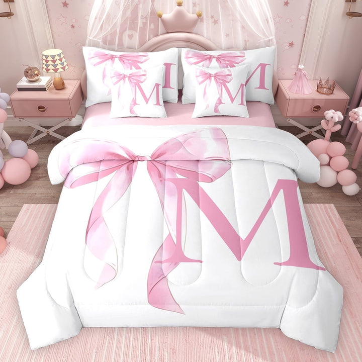 Erosebridal Girls Pink Bow Twin Bedding Sets, M Letter Bedding Comforter Set, Princess Style Bedroom Decor, Pink Reversible 7pcs