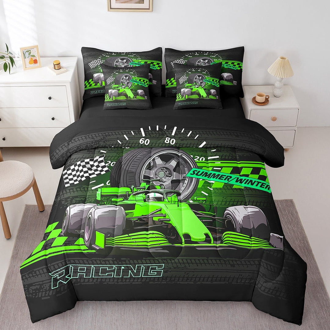 Erosebridal Racing Car Bedding Sets Twin Size,Geometric Plaid Comforter Sets with Sheets,Black Green Bed in a Bag Twin size,Super Cozy Sport Bedroom Decorative,Reversible,7pcs
