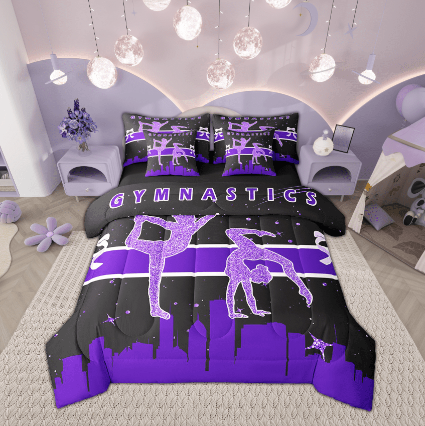 Gymnastics Bedding Full Size 7-Piece Dance Theme Comforter Set Women, Purple Galaxy Stars Bedding Comforter Sets Girly Glitters Bed in a Bag, Pretty Princess Bedding Accessories