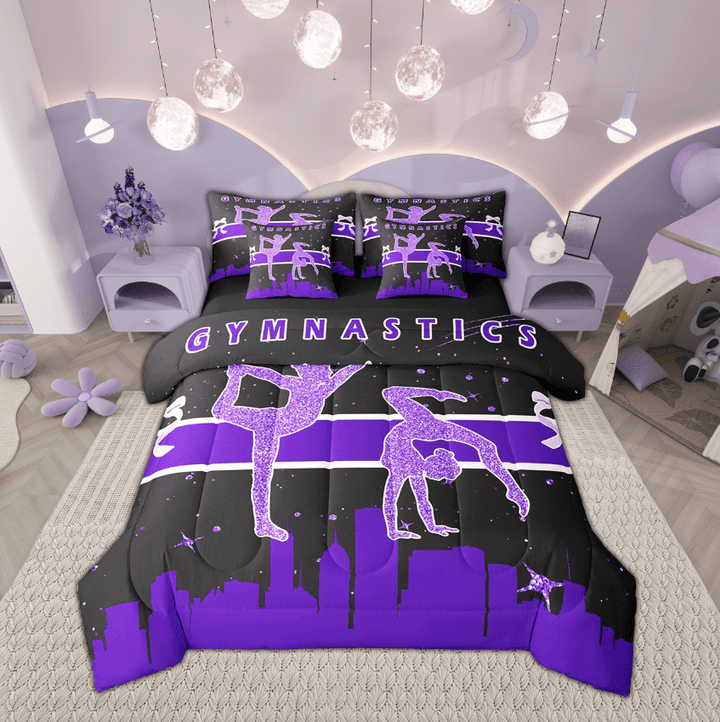 Gymnastics Bedding Full Size 7-Piece Dance Theme Comforter Set Women, Purple Galaxy Stars Bedding Comforter Sets Girly Glitters Bed in a Bag, Pretty Princess Bedding Accessories