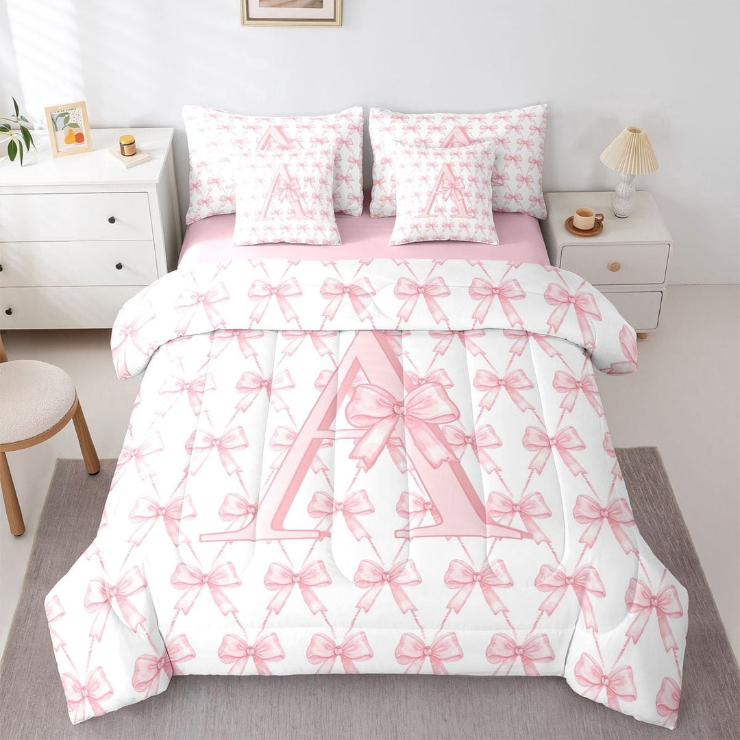 Erosebridal Princess Bow Letter Twin Bedding Sets for Kid, Monogrammed A Bedding Comforter Set, 7-Piece