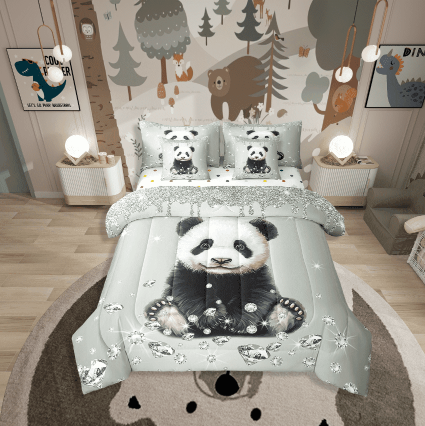 Erosebridal Wildlife Panda Bedding Sets Twin Size,Bling Crystal Comforter Sets With Sheets,Glitter Bedroom Decor,Reversible,Breathable,7Pcs