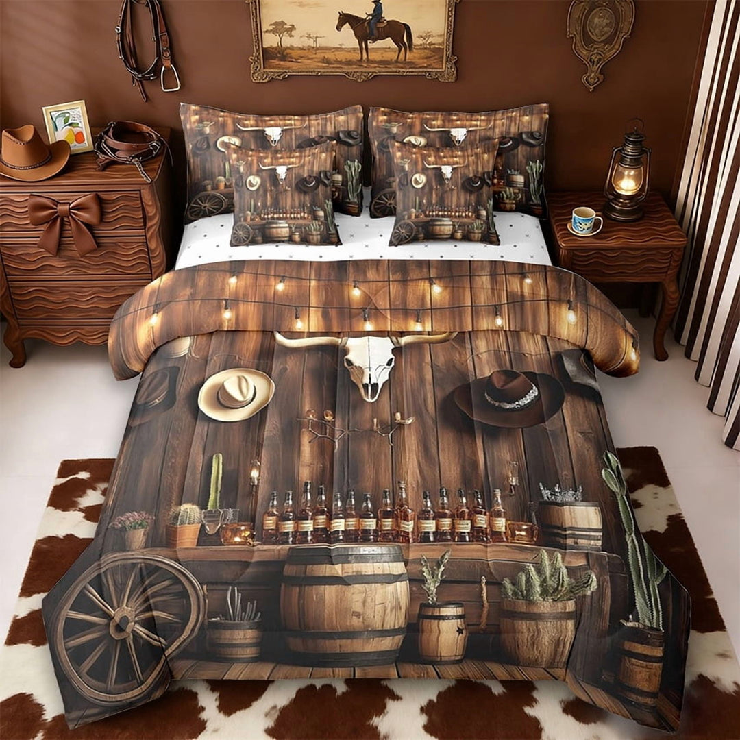 Erosebridal Adult Boho Exotic Bull Skull 7 Pieces Bedding Comforter Set,Retro Cowboy Boots West Wild Desert Full Bedding Set For Men,Reversible