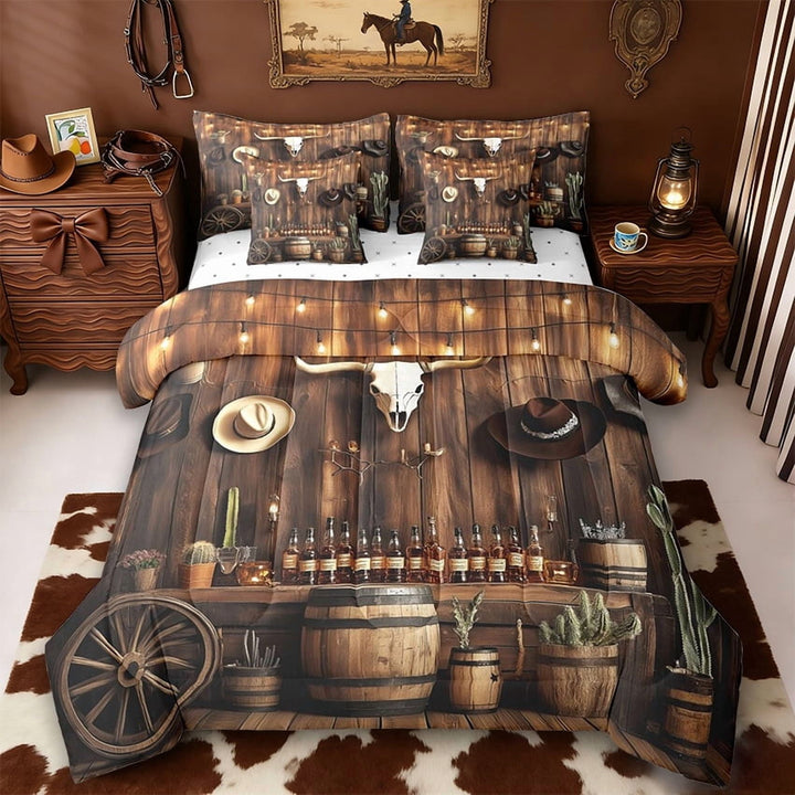 Erosebridal Adult Boho Exotic Bull Skull 7 Pieces Bedding Comforter Set,Retro Cowboy Boots West Wild Desert Full Bedding Set For Men,Reversible