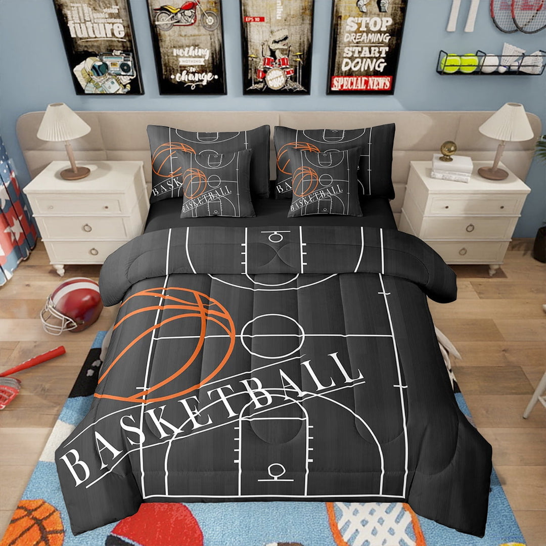 7 Pieces Basketball Twin Size Comforter Set Sports Theme Bedding Comforter Sets, Ball Gamer Bedding Set Basketball Printed Reversible Bed in a Bag, Black Bedding Sets &amp; Collections
