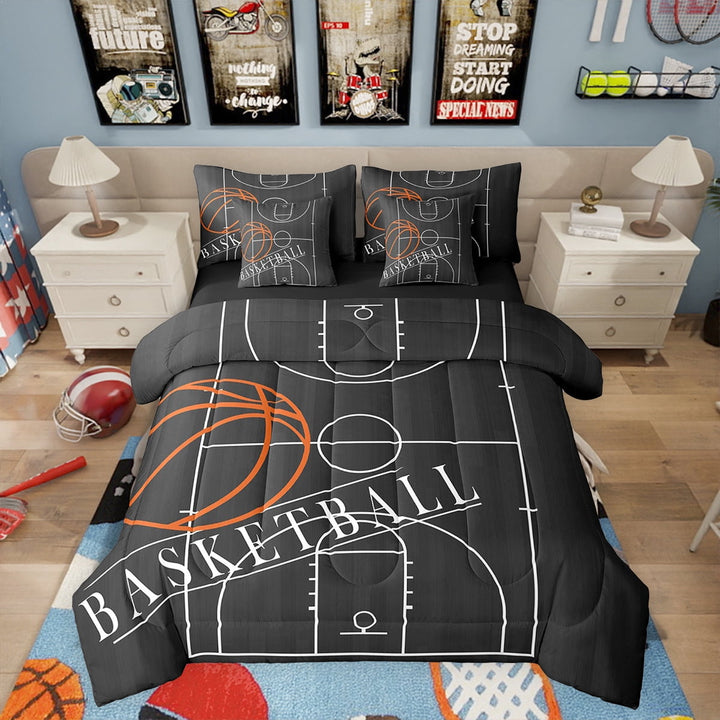7 Pieces Basketball Twin Size Comforter Set Sports Theme Bedding Comforter Sets, Ball Gamer Bedding Set Basketball Printed Reversible Bed in a Bag, Black Bedding Sets &amp; Collections
