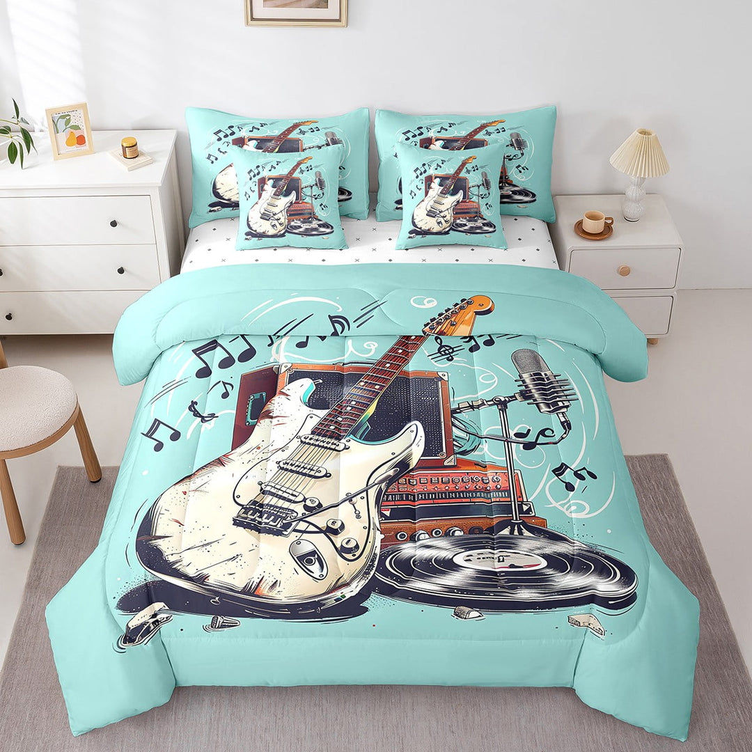 Electric Guitar Bed in a Bag Queen Comforter Set 7 Piece,Modern Acoustic Rock Music Bedding Sets Teens Microphone Tape Cartoon Sheet Set with Comforter,Mint Green