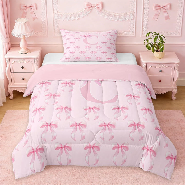 Erosebridal Pink Princess Bow Twin Comforter Sets For Teen Girls,Cartoon Letter C Monogrammed Bedding Set,Pink Reversible,2 Pieces
