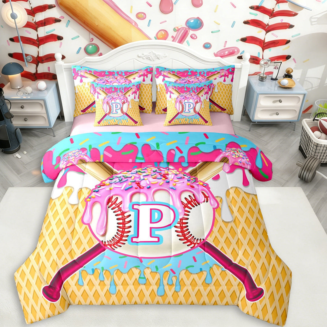 Erosebridal Boys P Personalized Initial Sport Baseball Twin Bedding Sets 7-Piece,Ice Cream Drip Dessert Bedding Comforter Set For Kids Teens,Pink Reversible