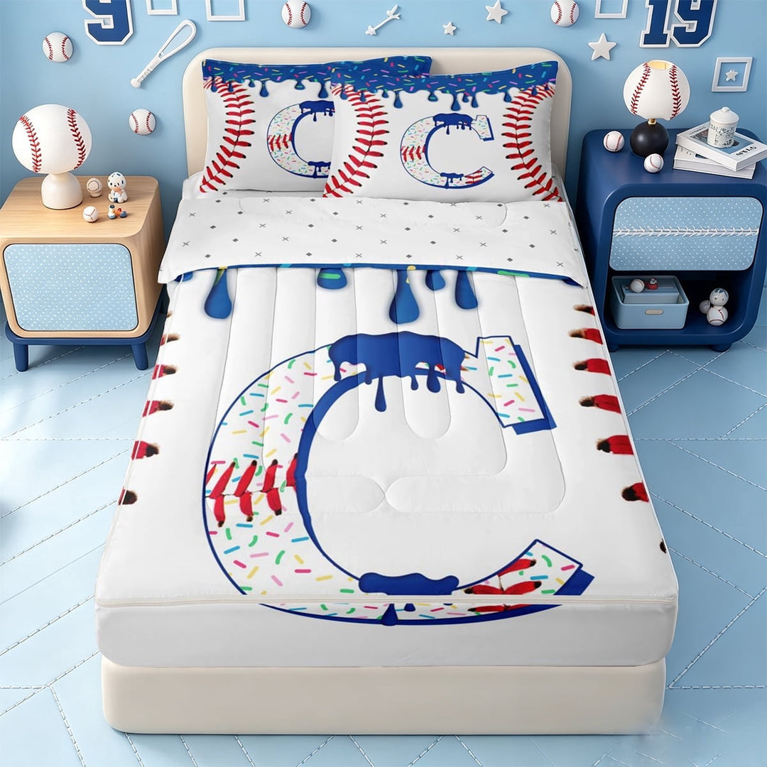 meiyoeat Rainbow Cream Drip Zipper Full Size Comforter Sets with Fitted Sheet and 2 Pillowcases,3D Cartoon Baseball Print Letter C Zipper Bedding Set For Boys,Reversible,4 Pieces