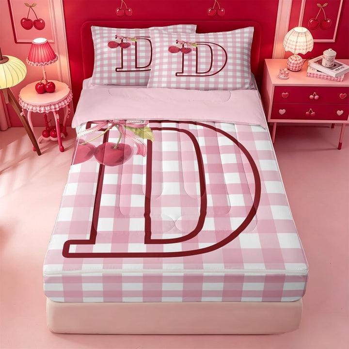 meiyoeat Girly Bow Personalized Monogram D Zipper Twin Comforter Sets with Fitted Sheet and 2 Pillowcases,Kawaii Cherry Print Zipper Bedding Set For Girl,Pink Reversible,4-Piece