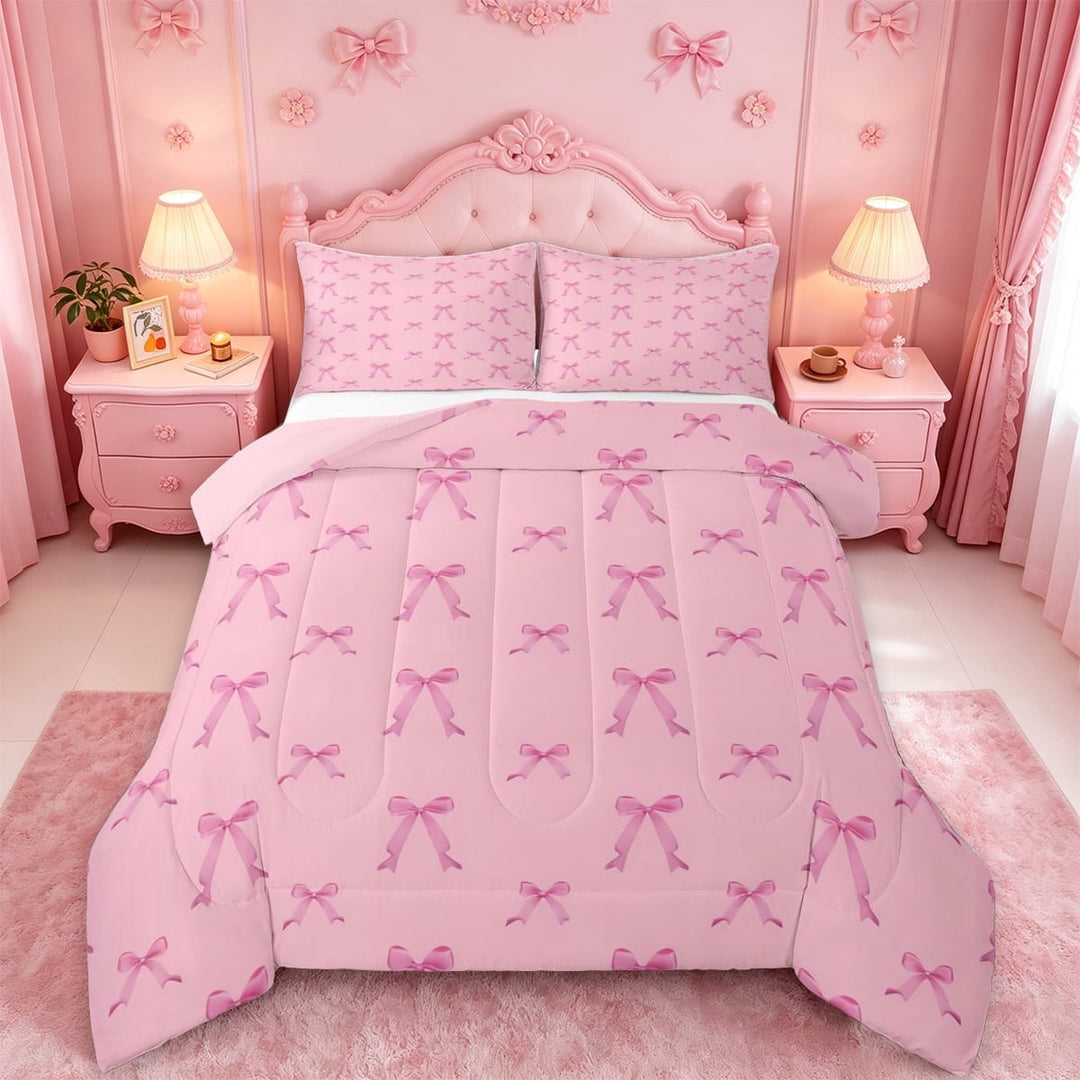 meiyoeat Dreamy Bowknot Full Size Comforter Sets For Kids,Pink Cute Bows Bedding Comforter Set For Girls,Pink Reversible,3-Piece