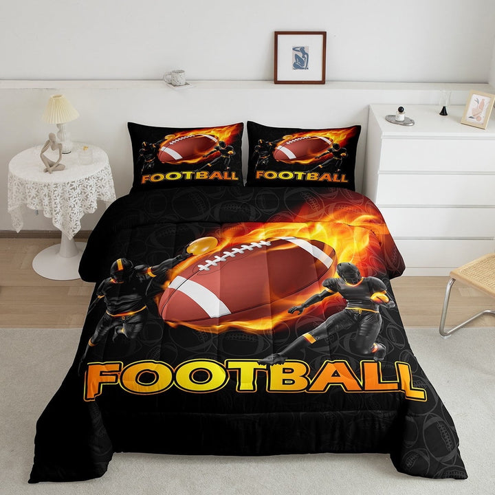 3D American Football Bedding Comforter Sets Rugby Sports Bedding for Teen , Athlete Silhouette Comforter Set Red Fire Lightning Football Game Quilt Bedroom Decor, Queen