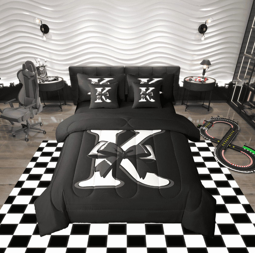 Erosebridal Kawaii Initial Letter Bedding Twin Size, Monogrammed K Bed in a Bag Twin size, Ribbon Cow Reversible Bed Set, Ultra Soft Bedroom Decoration, 7pcs