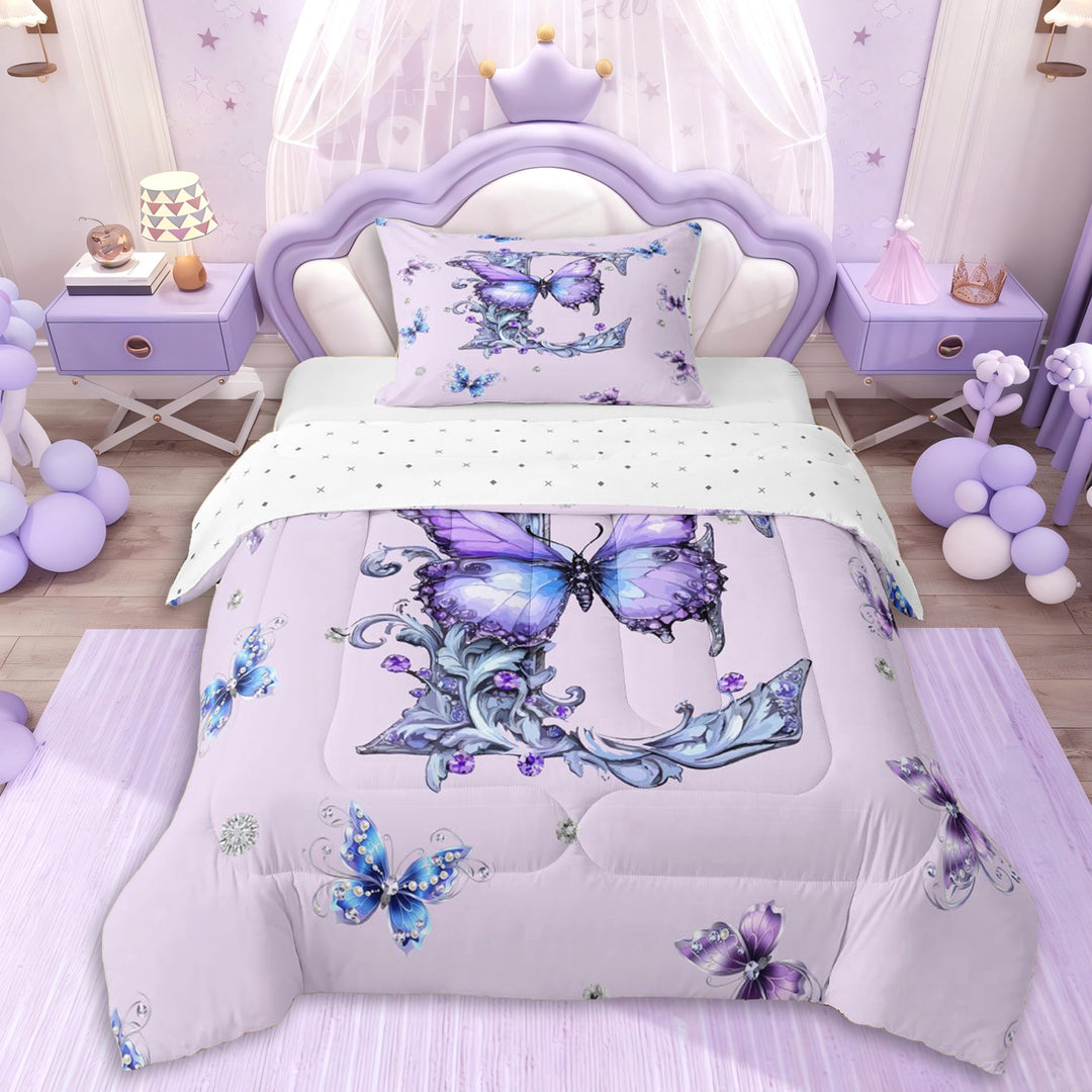 Erosebridal Personalized Initial E Twin Comforter Sets 3-Piece For Girls,Purple Blue Butterflies Bedding Set For Kids Teens,Ultra Soft Home Decor