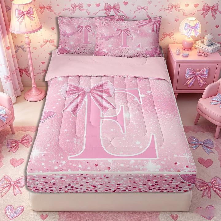 Meiyoeat Pink Glitter Initial E Zipper Full Size Comforter Sets with Fitted Sheet and 2 Pillowcases, Flying Butterfly Zipper Bedding Set,4pcs,Pink Reversible