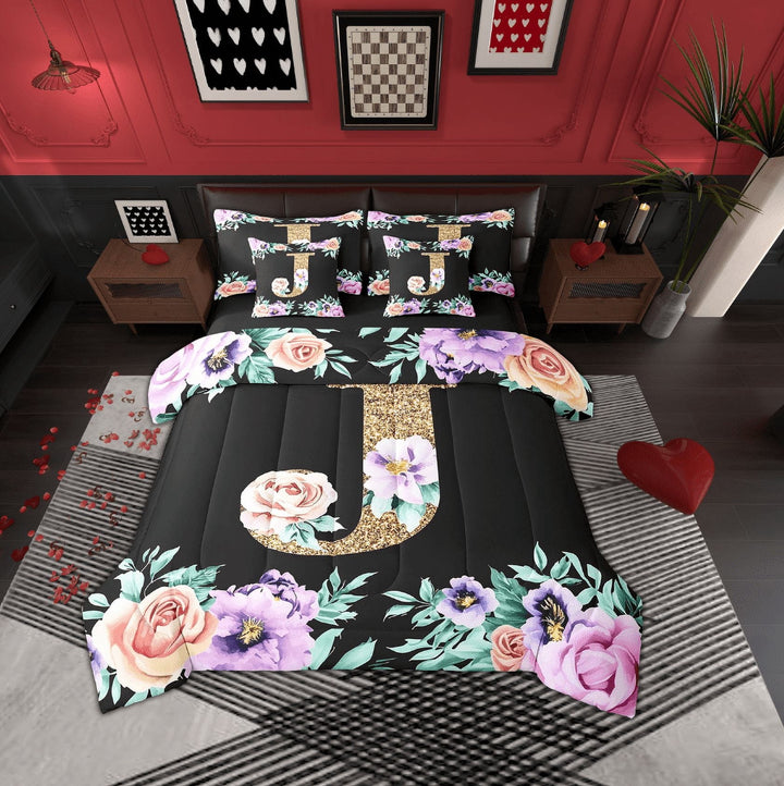 Erosebridal Cartoon Flower Bedding Sets, Vintage Floral Comforter Sets with Sheets, Monogrammed J Reversible Bed Sheets Set, Microfiber Bedroom Decor, 7pcs