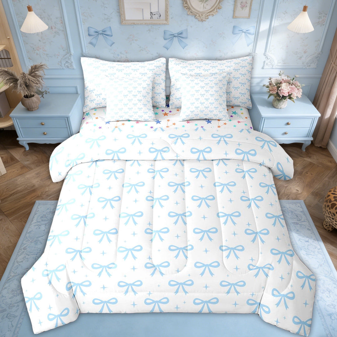 Erosebridal Girls Kawaii Bowknot Twin Bedding Sets, Princess Blue Bow Bedding Comforter Set, 7 Pieces