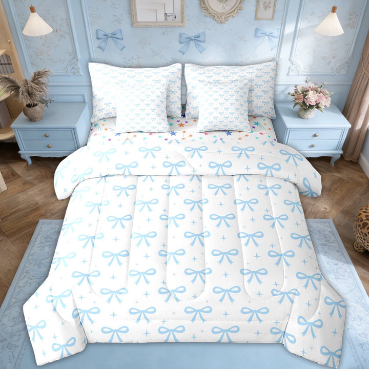 Erosebridal Girls Kawaii Bowknot Twin Bedding Sets, Princess Blue Bow Bedding Comforter Set, 7 Pieces