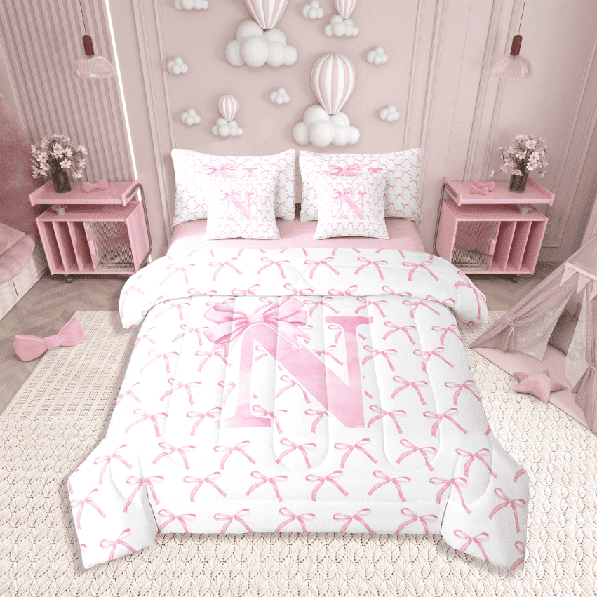 Erosebridal Kawaii Bowknot Bedding Sets Twin Size,Initial Letter Comforter Sets with Sheets,Monogrammed Decor,Reversible,7pcs