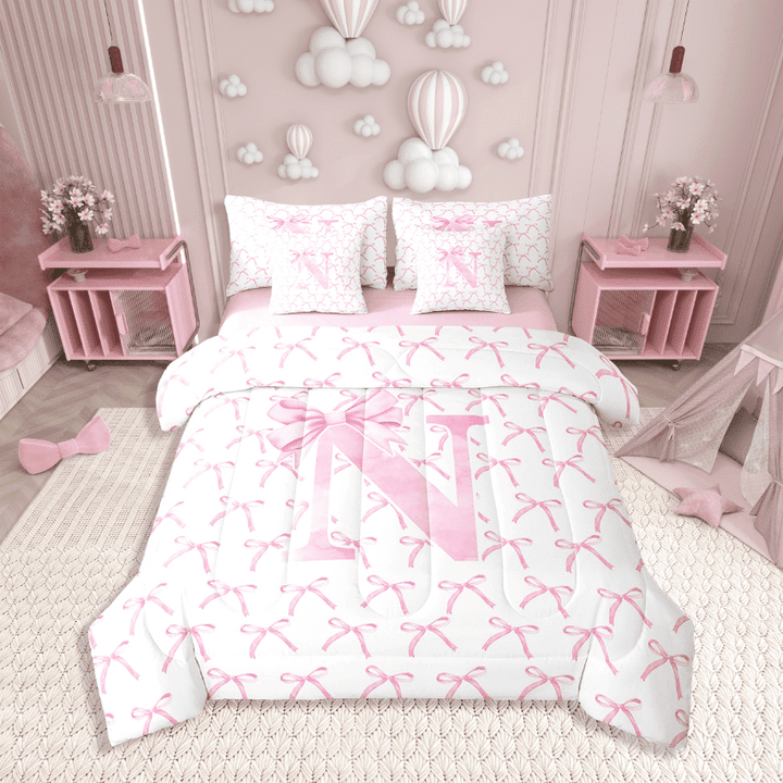 Erosebridal Kawaii Bowknot Bedding Sets Twin Size,Initial Letter Comforter Sets with Sheets,Monogrammed Decor,Reversible,7pcs