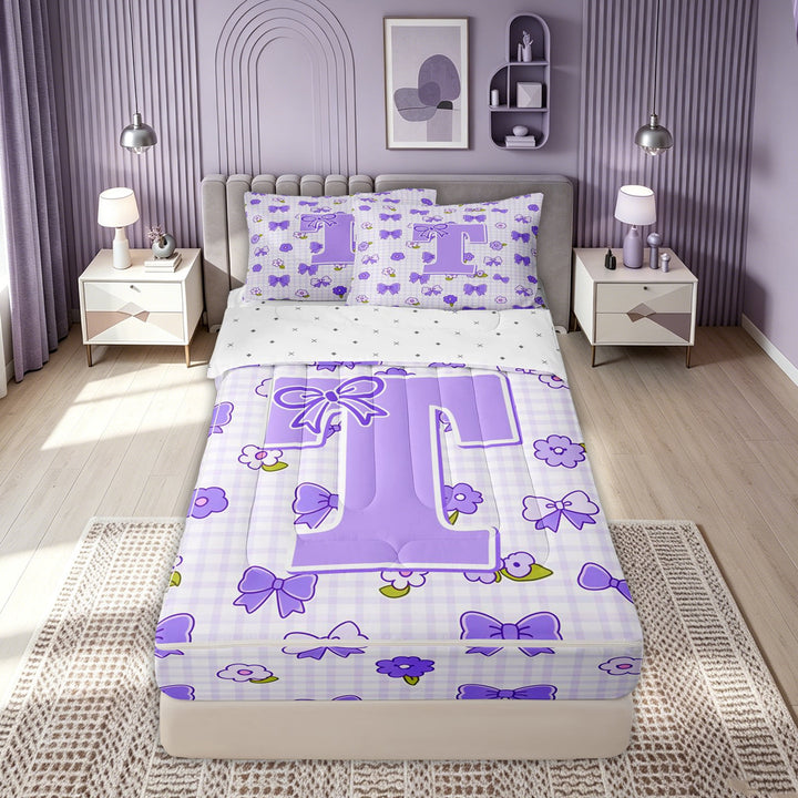 meiyoeat Cute Bow Letter T Zipper Comforter Set with Fitted Sheet and 2 Pillowcases for Girls, Floral Plaid Zipper Bedding Set for Bedroom, Purple, Reversible, 3 Pieces