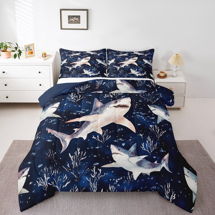 Erosebridal Shark Comforter Set Full Size Ocean Sea Animal Bedding Set Sea Underwater World Comforter Marine Theme Quilt Set