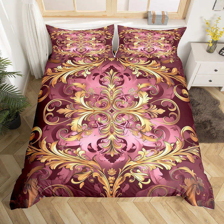 Erosebridal Aztec Damask Duvet Cover Queen,Victorian Baroque Bedding Sets Queen Size,Gold Pink Floral Print Comforter Cover Queen,Ultra Soft Bedroom Decor Reversible,3pcs£¨No Comforter£©