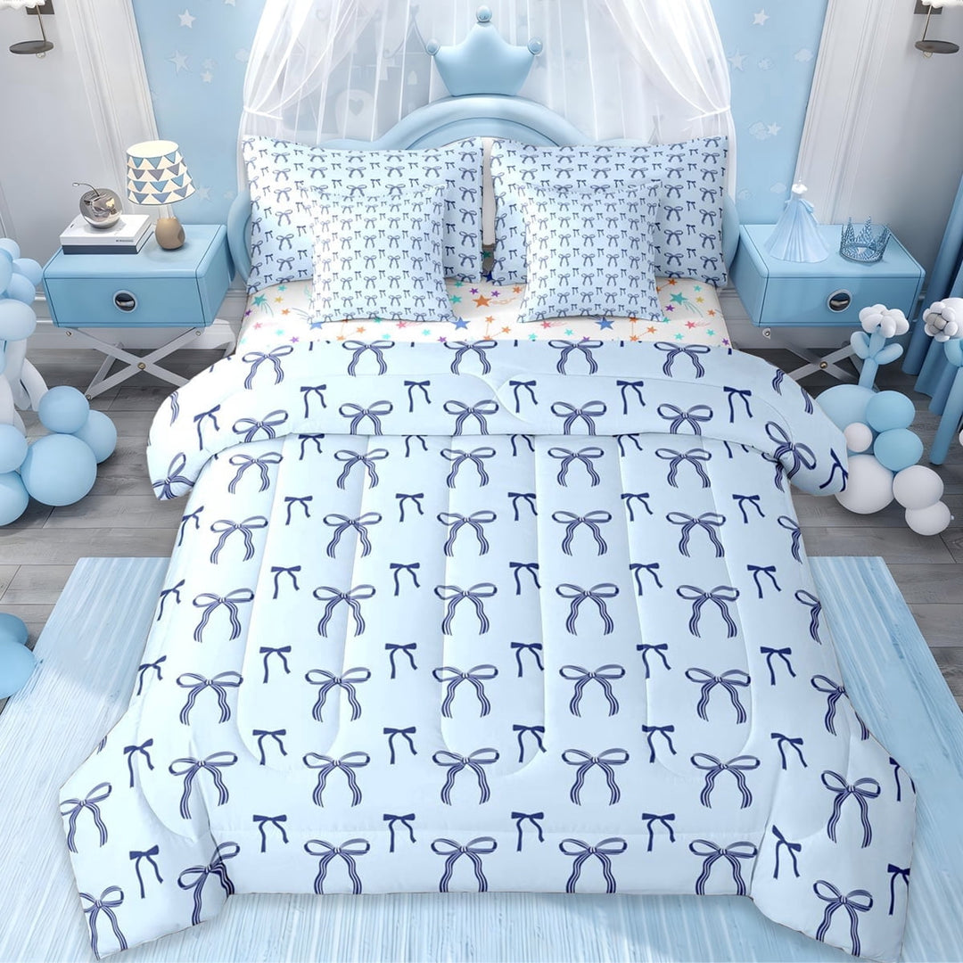 Erosebridal Blue Bows 7-Piece Twin Bedding Sets For Bowknot Girl,Cartoon Kawaii Bowtie Bedding Comforter Set,Dreamy Princess Style,Reversible