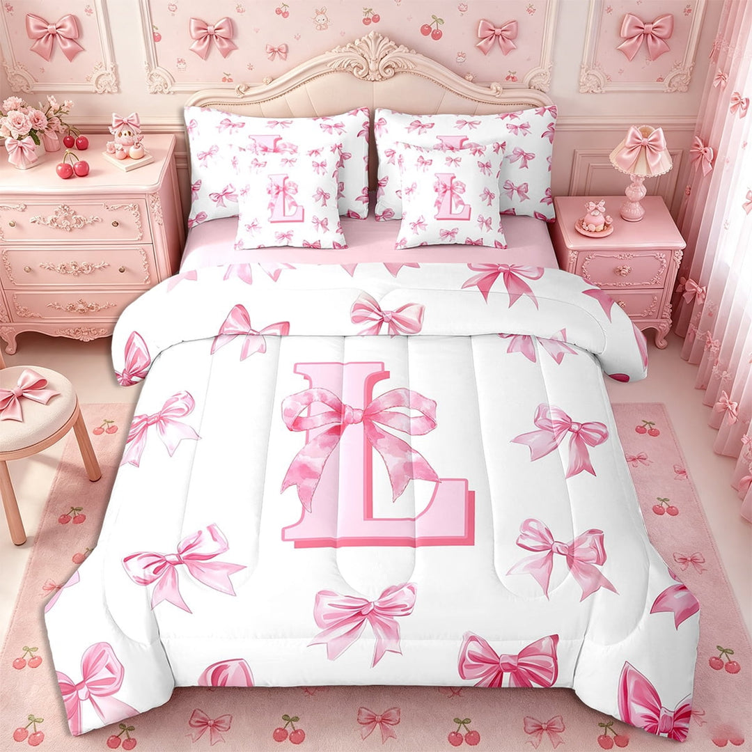 Erosebridal Letter Initial Bedding Sets Twin Size,Kawaii Bowknot Personalized Comforter Sets with Sheets,Monogrammed Decor,Reversible,Breathable,7-Piece
