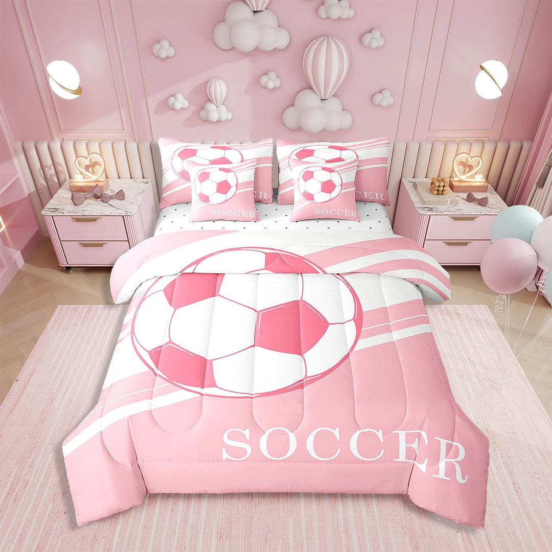 Erosebridal Soccer Comforter Set Twin 7 Pcs Football Pink White Geometric Stripes Bedding Set Soccer Ball Game Sports Theme Bed in a Bag with Comforter,Sheets