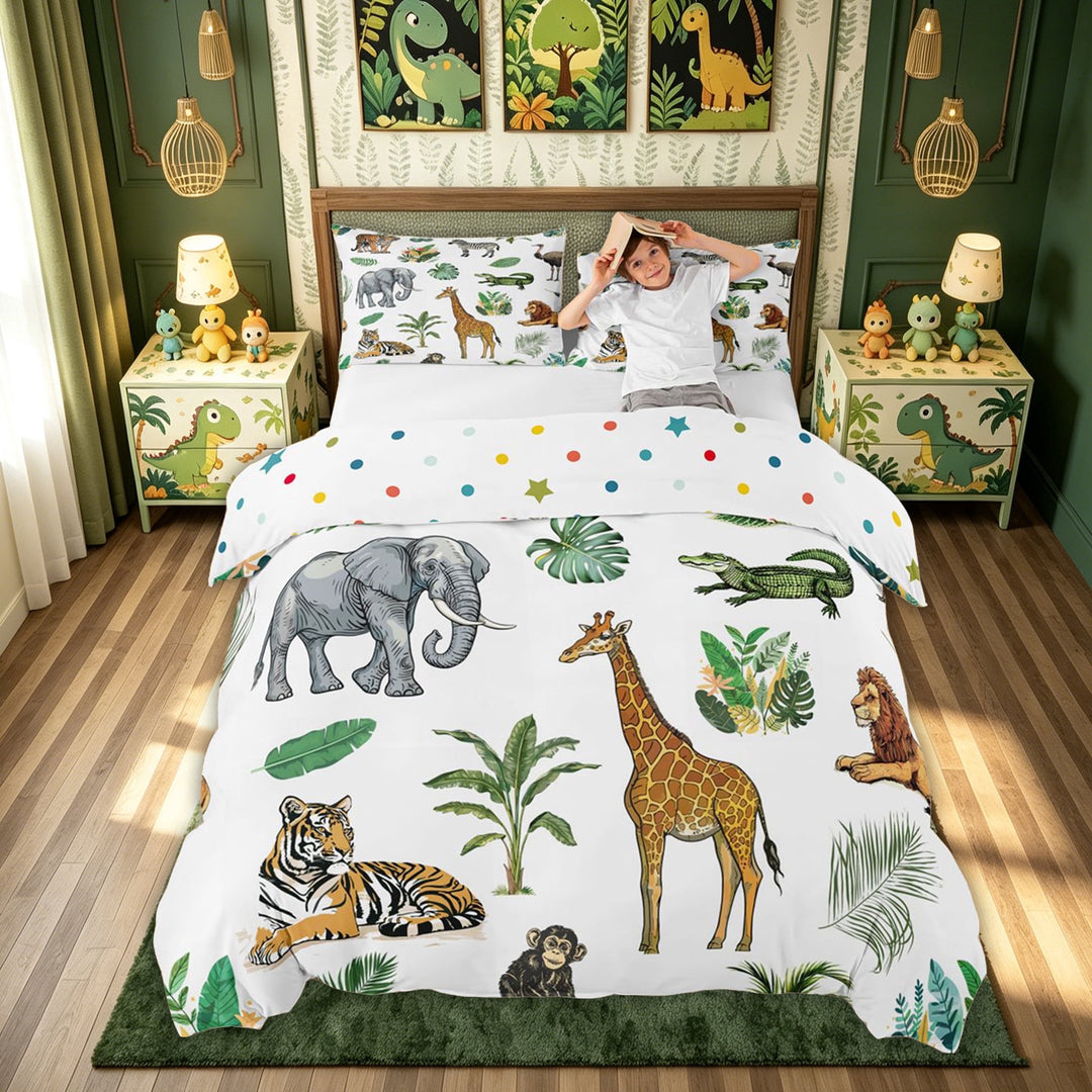 meiyoeat Elephant Lion Animal Bedding for Kids Boys, Jungle Wildlife Print Duvet Cover Full, White Green, Polkadot Reversible, 3pcs