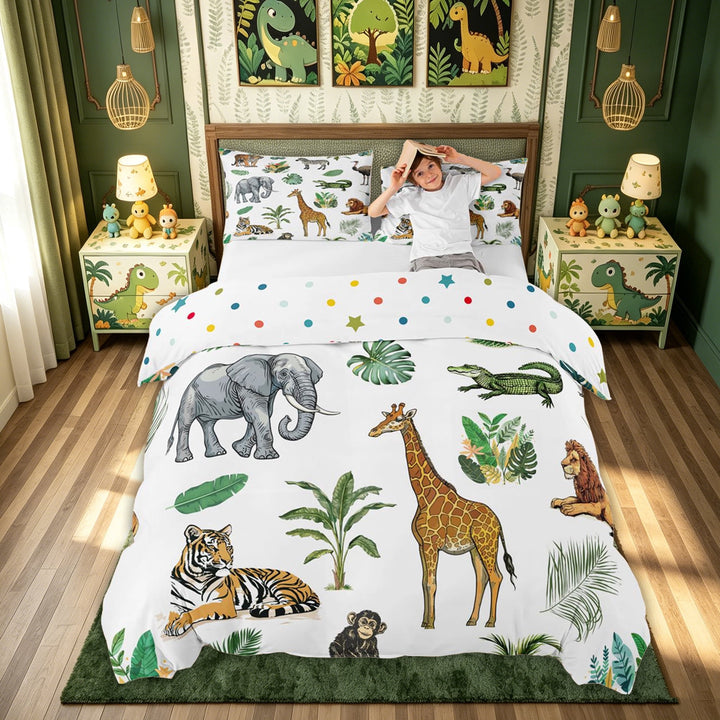 meiyoeat Elephant Lion Animal Bedding for Kids Boys, Jungle Wildlife Print Duvet Cover Full, White Green, Polkadot Reversible, 3pcs