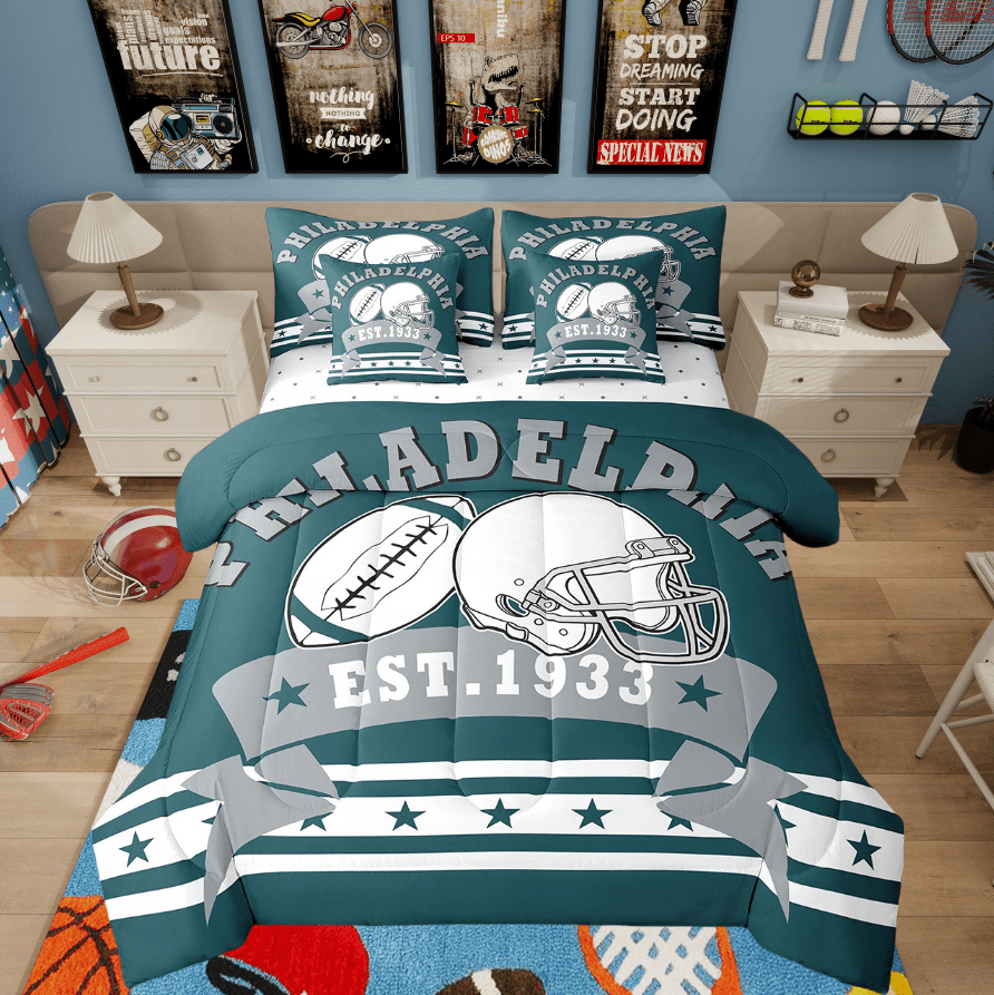 7Pcs Rugby Football Team Comforter Set Sports Bedding, American Football Cool Sports Comforter Twin Size Football City Bed Set With 2 Pillowcases &amp; 2 Throw Pillow Covers (Philadelphia)