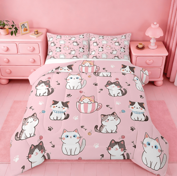 Manfei Kawaii Cat Full Size Comforter Sets For Boys Girls, Cats Print Kawaii Cartoon Bedding Sets Cute Kitten Pink Animal Themed Reversible 3-Piece
