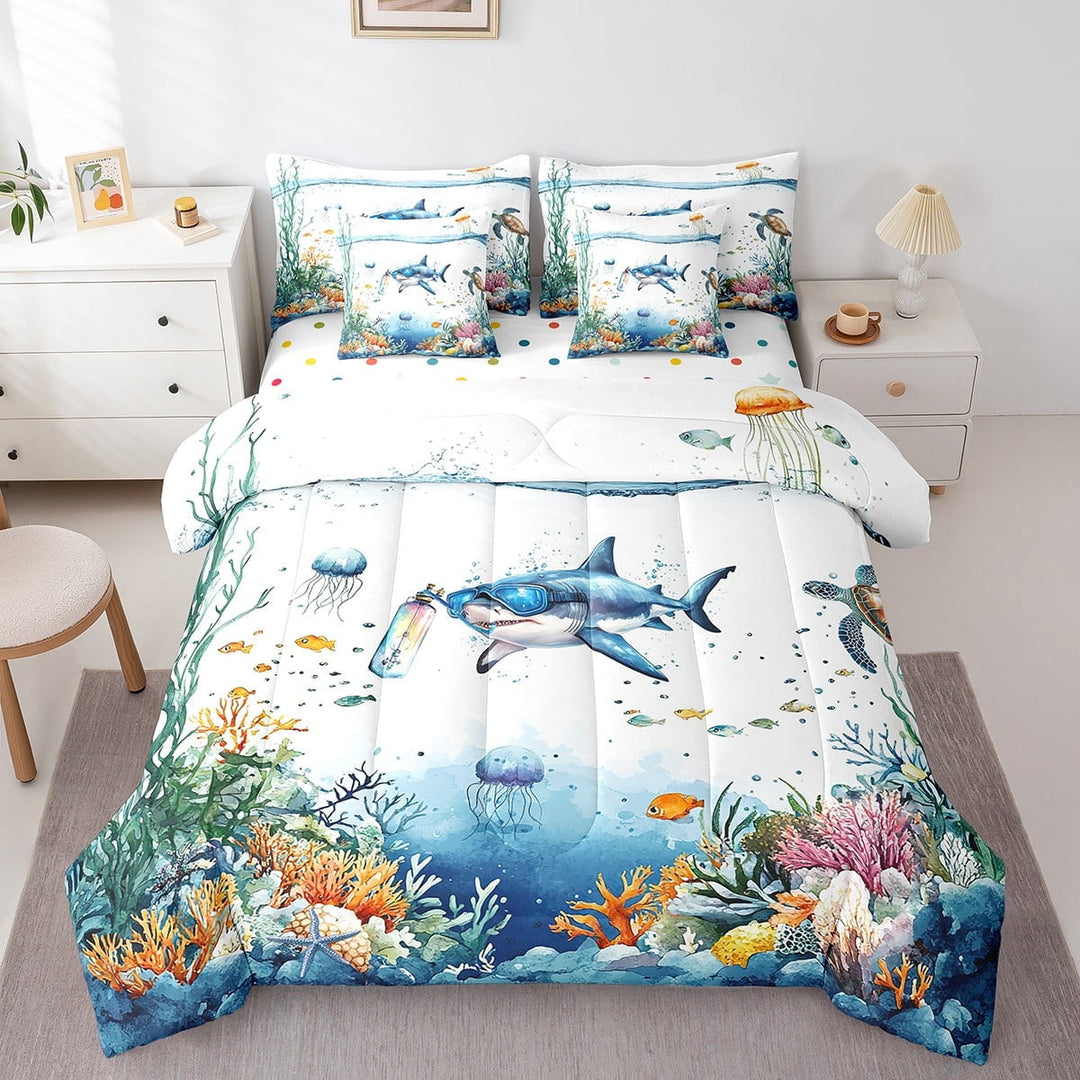Blue Shark 7 Piece Comforter Set Full Bed in a Bag, Sea Turtle Jellyfish Coastal Bedding Set Teal Blue Ocean Sheet Set,Cute Fish Coral Seaweed Bed Set,Underwater Nautical Sea Animal Beach Decor