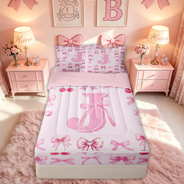 meiyoeat Cute Bow Letter J Zipper Comforter Set with Fitted Sheet and 2 Pillowcases for Kids, Bowknot Cherry Zipper Bedding Set, Pink, Pink Reversible, 3 Pieces