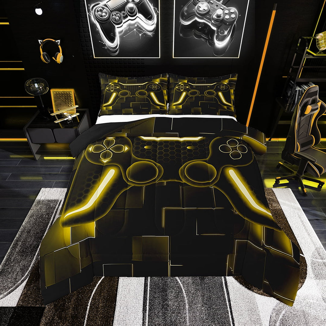 Gamer Comforter Sets Gaming Bedding Sets Full Room Decor,Game Contoller Down Comforter 3Pcs Gamer Gifts Bed Set For All Season,Ombre Yellow Gamepad