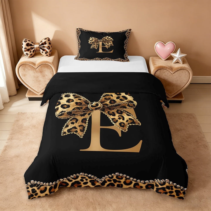 Erosebridal Cheetah Pattern Letter E Twin Bedding,Kids Leopard Printed Duvet Cover Set For Bow Girls,Reversible black,2pcs(No Comforter)