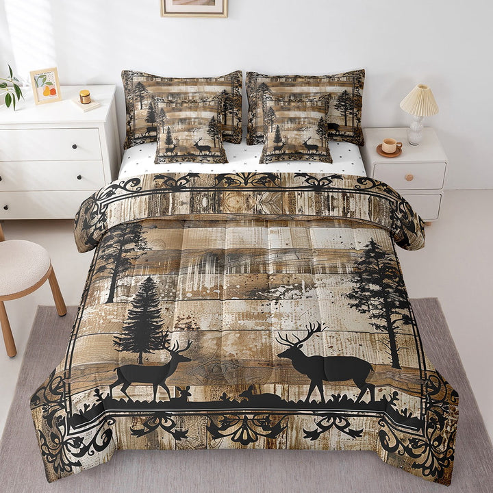 Rustic Reindeer Full Size Comforter Set 7 Piece Pine Trees Moose Retro Cabin Bedding Comforter Set,Woodland Wildlife Deer Hunting Bed in a Bag with Comforter,Flat Sheet,Fitted Sheet,Pillowcases