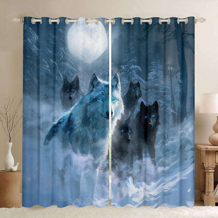 Erosebridal Blue Eyed Wolf Pack Snow Jungle Print Black Out Curtains, Mystic Winter Curtains Pack of 2 (42x63 Each) for Men and Women