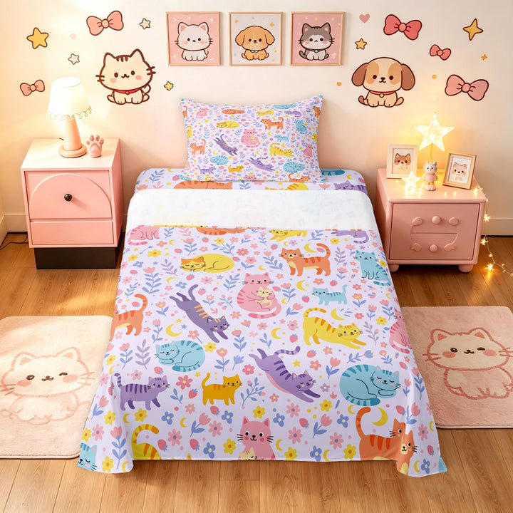 Manfei Cute Cat Kitten Twin Sheets, Blossom Floral Bedding, Lavender, 3-Piece, 1 Flat Sheet, 1 Fitted Sheet and 1 Pillowcase