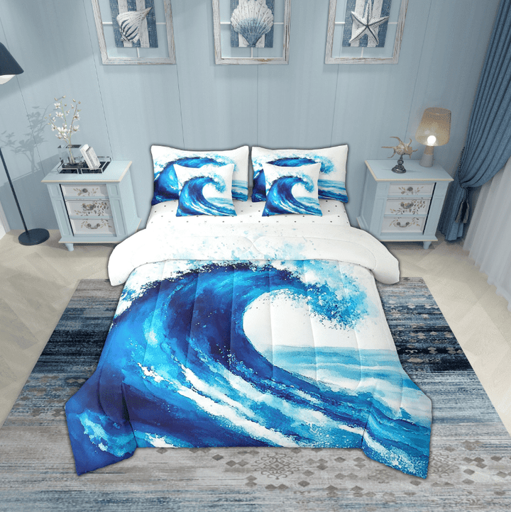 Erosebridal Ocean Waves Bedding Sets Twin Size,Marine Theme Comforter Sets with Sheets,Sea Decoration,Breathable,7pcs