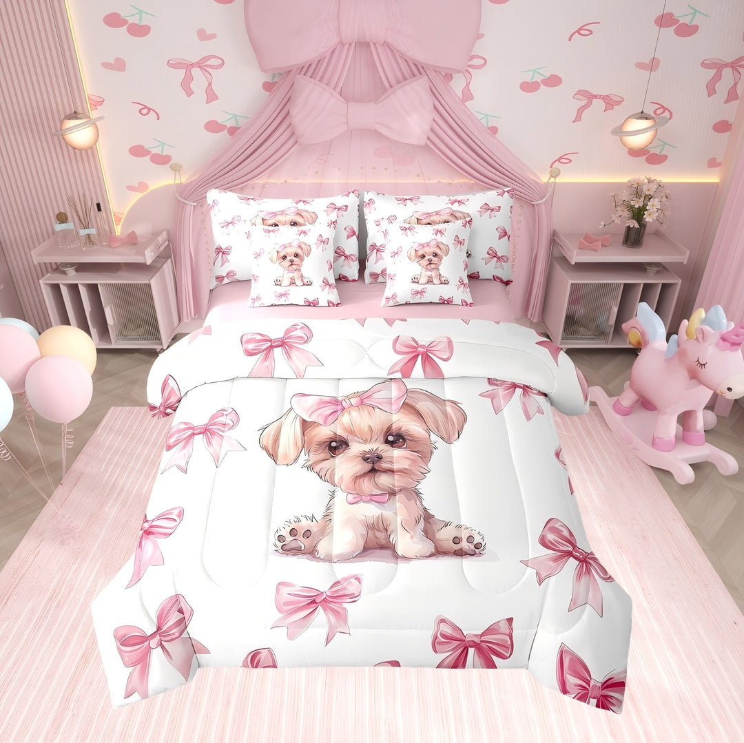 Erosebridal Cute Pug Comforter Sets Twin Size, Bow Dog Comforters &amp; Duvets, Cartoon Animal Room Decor, Reversible 7 Pieces