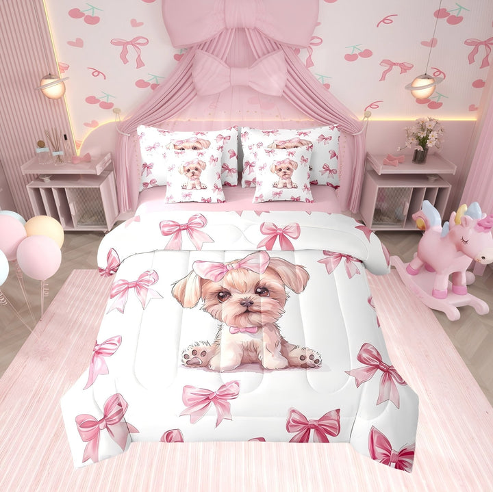 Erosebridal Cute Pug Comforter Sets Twin Size, Bow Dog Comforters &amp; Duvets, Cartoon Animal Room Decor, Reversible 7 Pieces