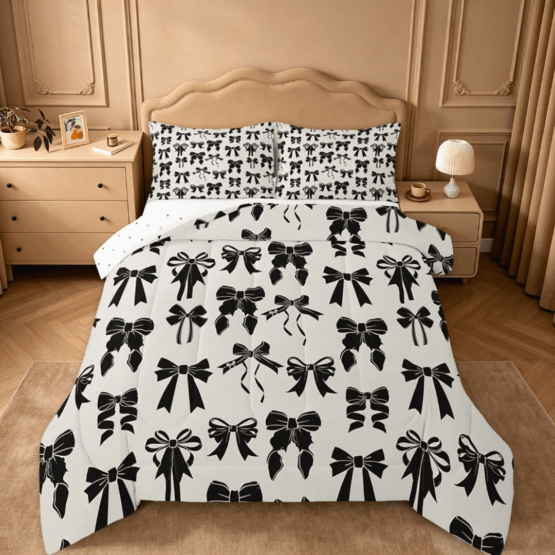 Manfei Black Bow Full Size Comforter Sets For Teens Girls,Cute Bowknot Bedding Sets Girls Bow Reversible 3-Piece